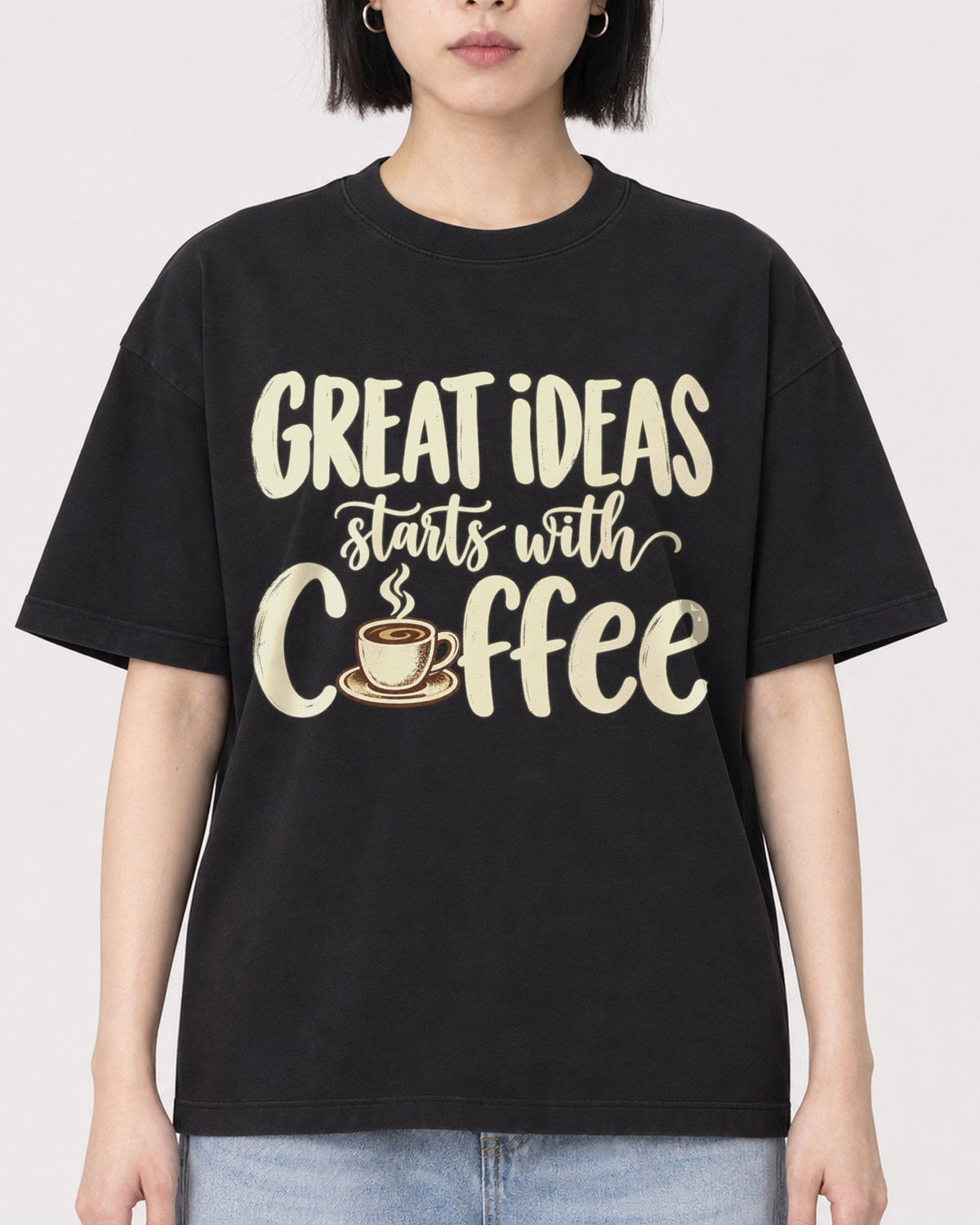 Mockup Boxy Heavyweight Tee Black female close-up 11