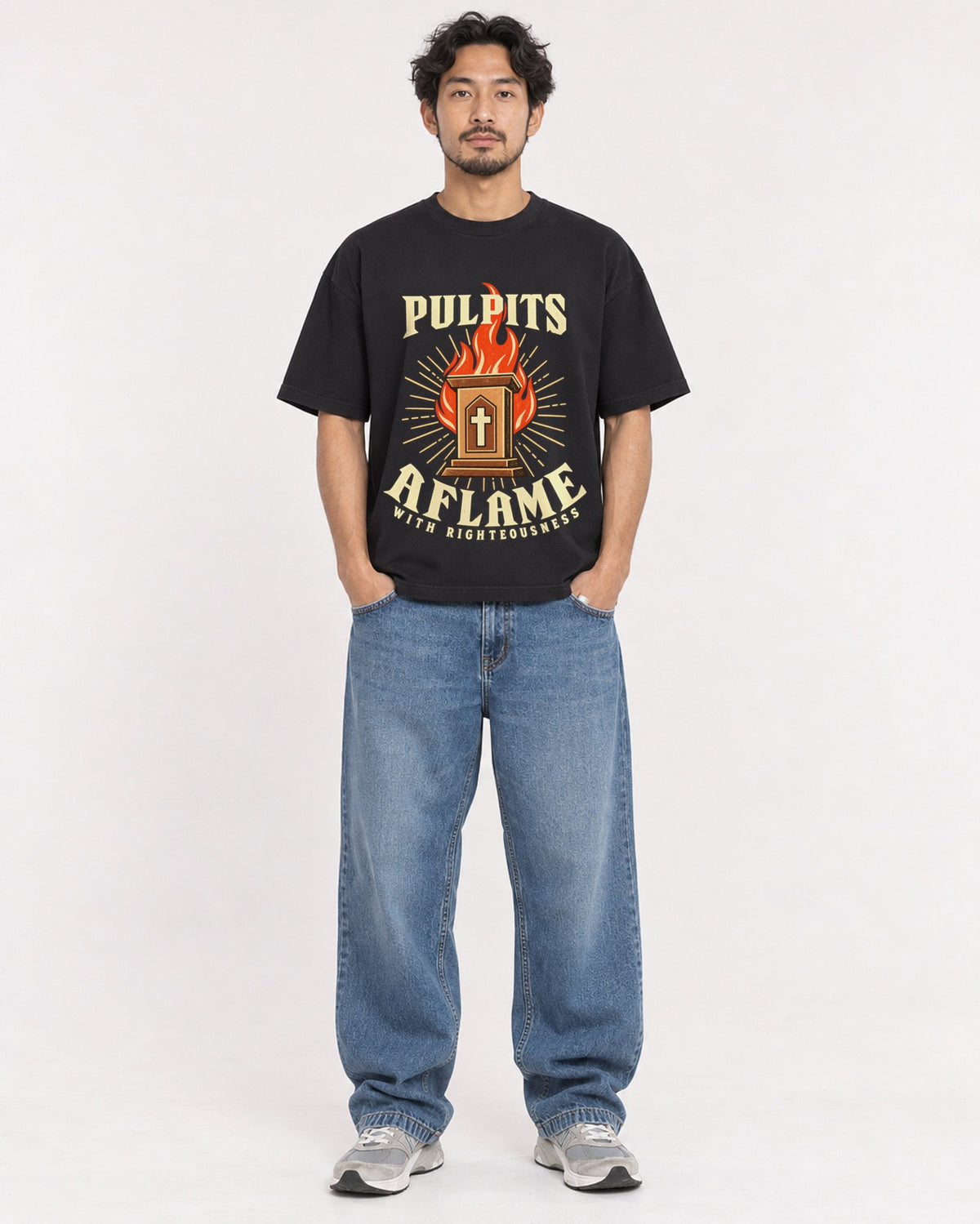 Mockup Boxy Heavyweight Tee Black male full-body 02