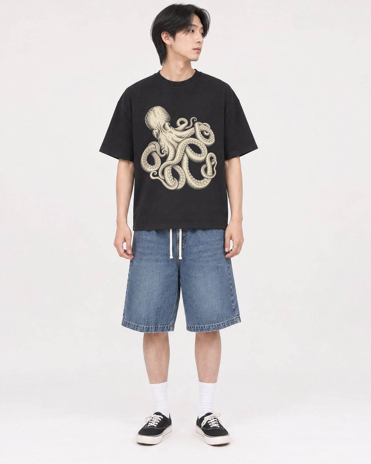 Mockup Boxy Heavyweight Tee Black male full-body 11