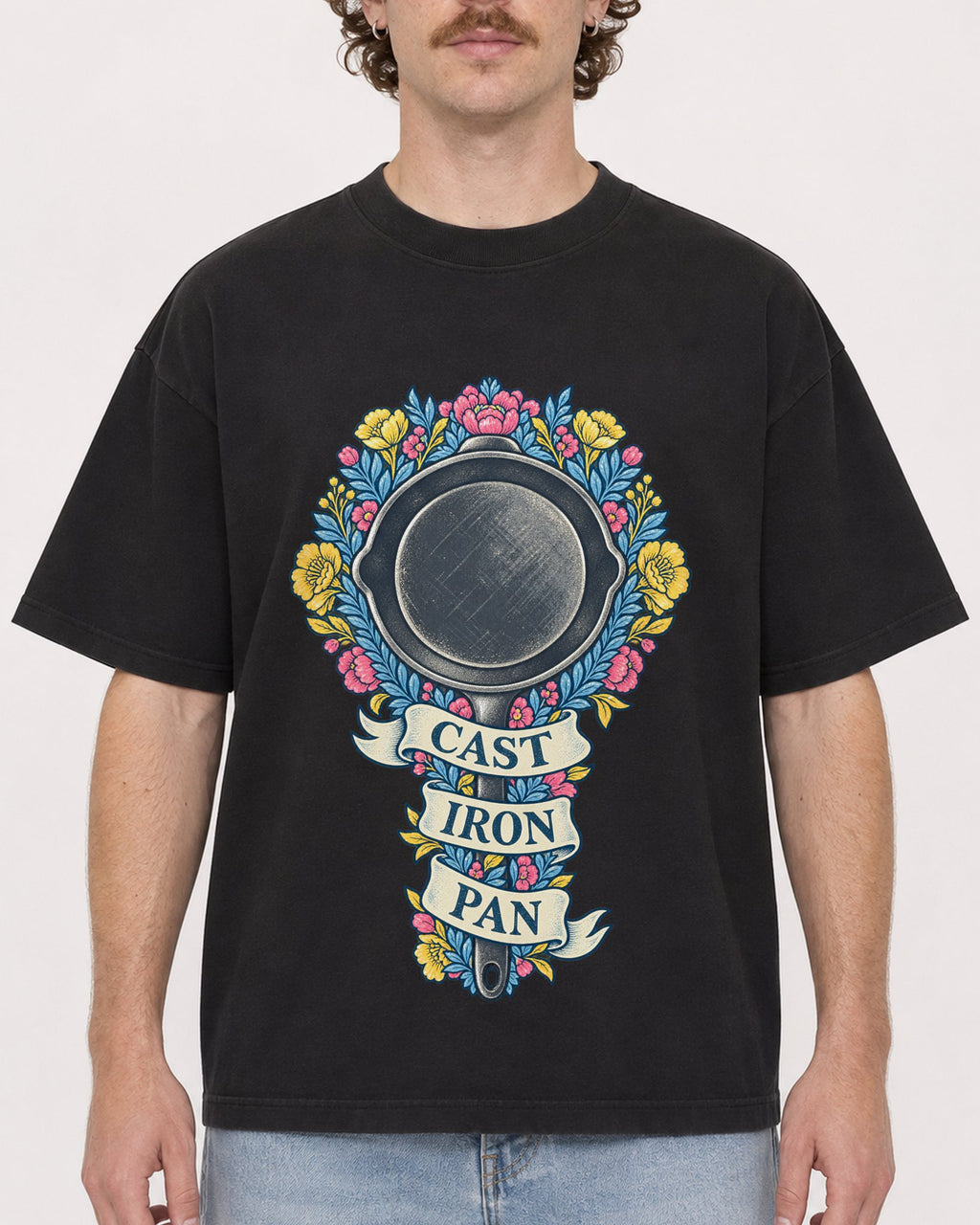 Mockup Boxy Heavyweight Tee Black male close-up 09