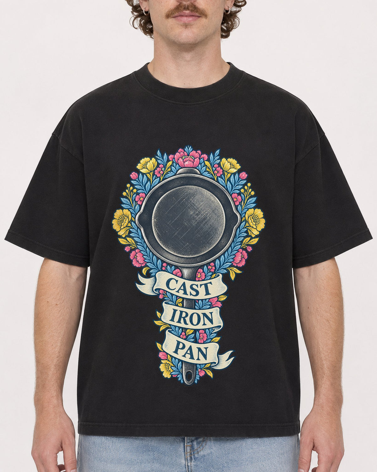 Mockup Boxy Heavyweight Tee Black male close-up 09