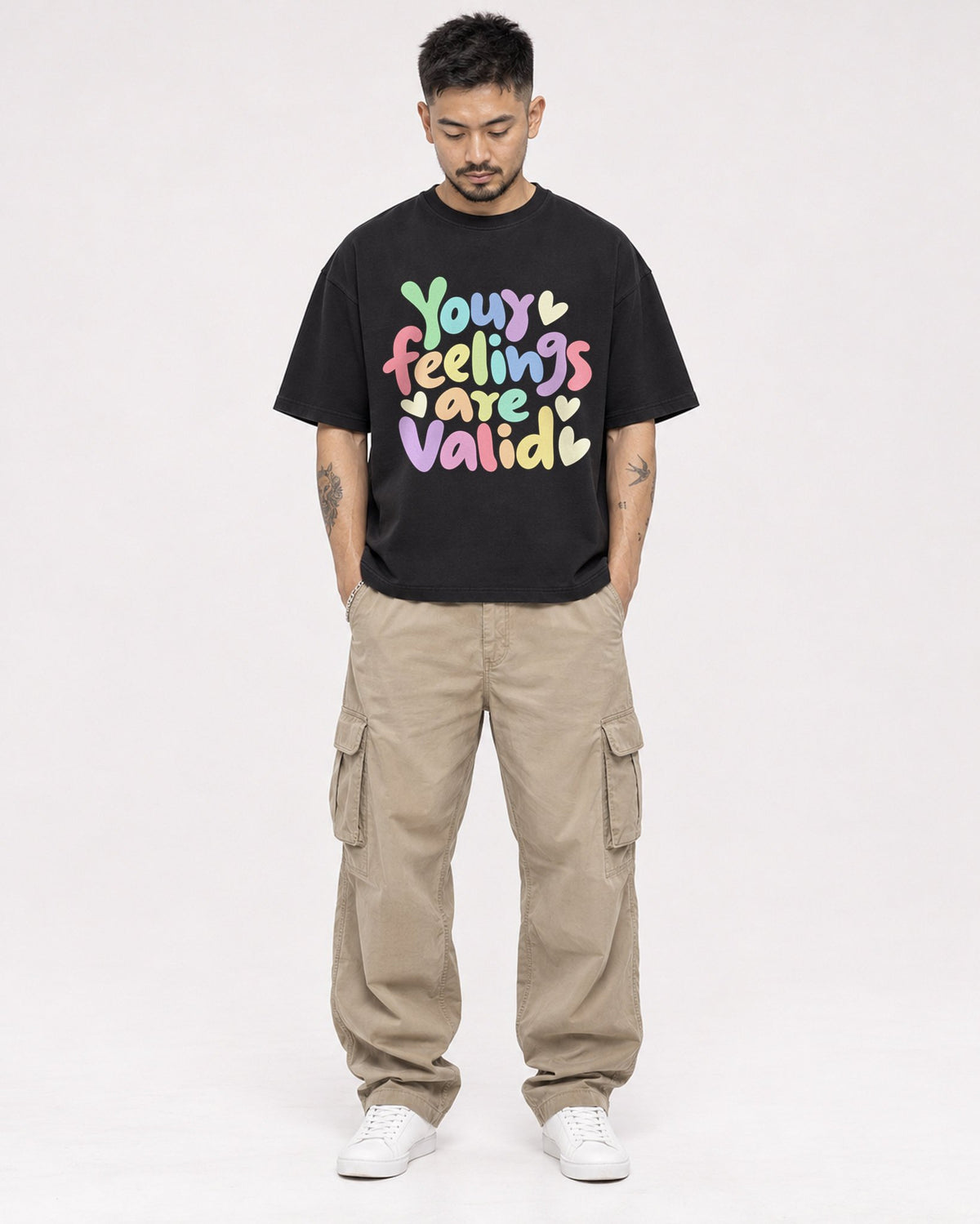Mockup Boxy Heavyweight Tee Black male full-body 12