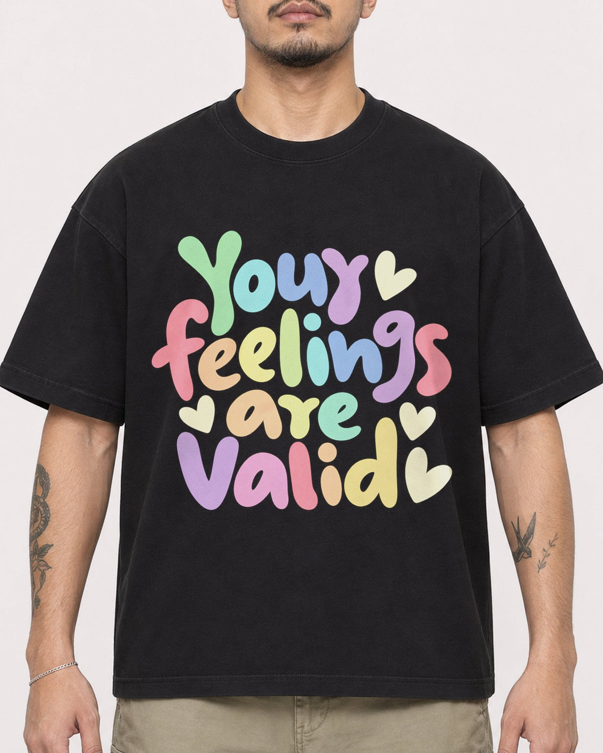 Mockup Boxy Heavyweight Tee Black male close-up 12