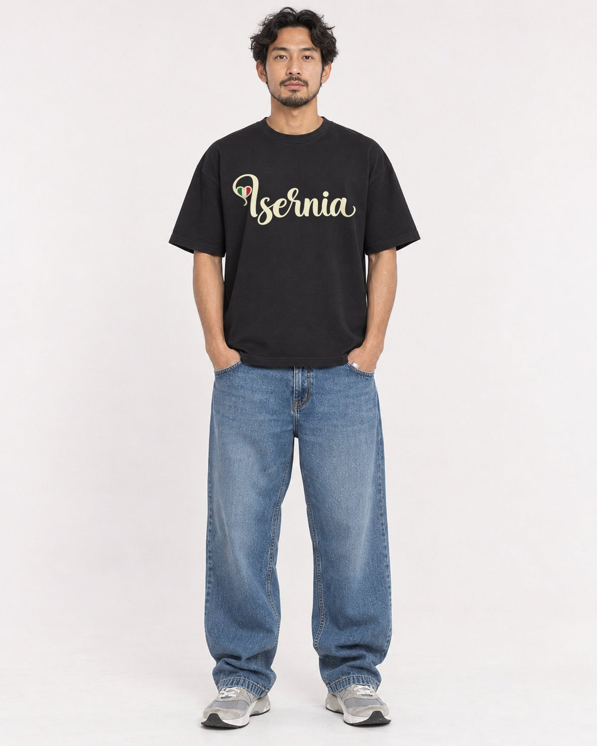 Mockup Boxy Heavyweight Tee Black male full-body 02