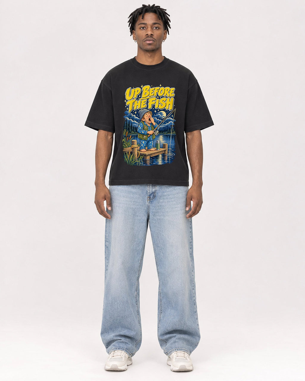 Mockup Boxy Heavyweight Tee Black male full-body 05