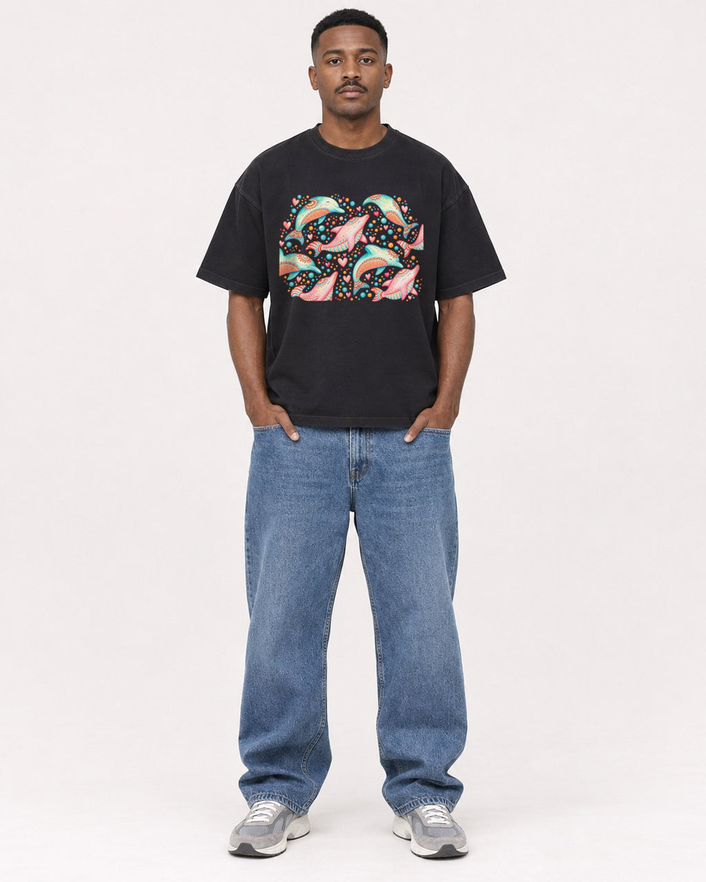 Mockup Boxy Heavyweight Tee Black male full-body 14