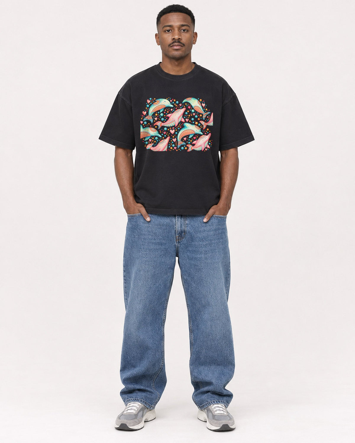 Mockup Boxy Heavyweight Tee Black male full-body 14