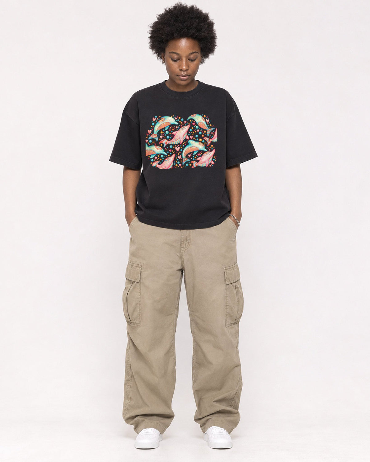 Mockup Boxy Heavyweight Tee Black female full-body 14
