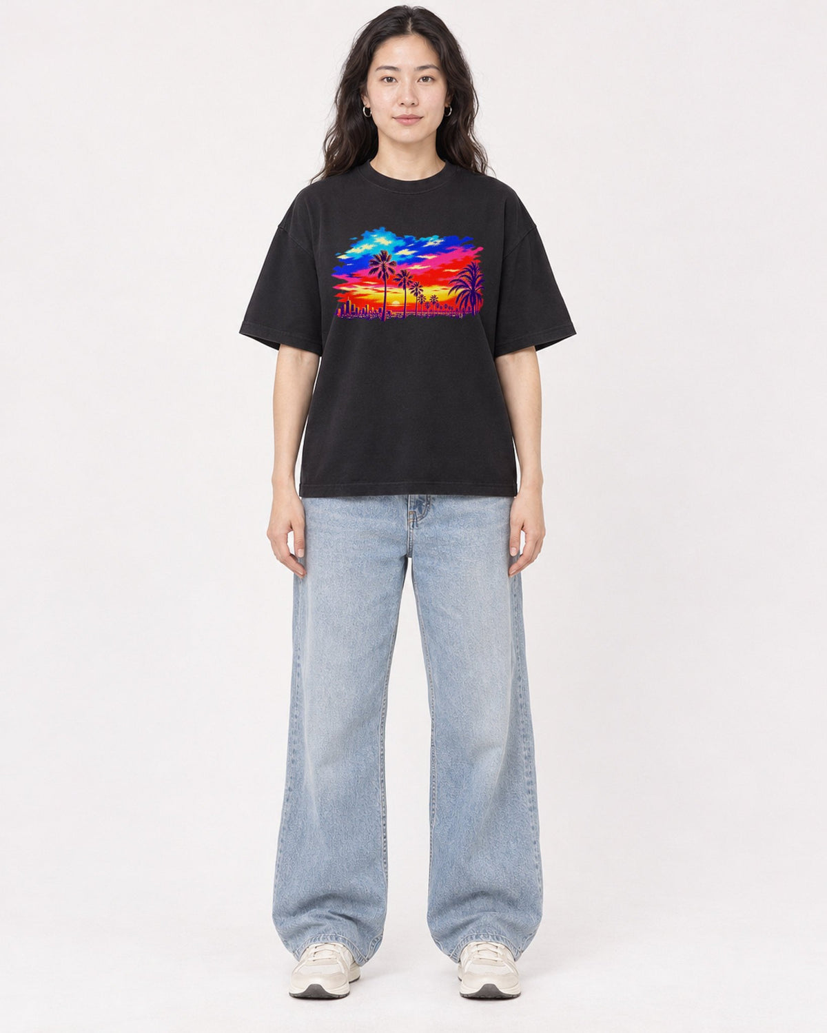 Mockup Boxy Heavyweight Tee Black female full-body 03