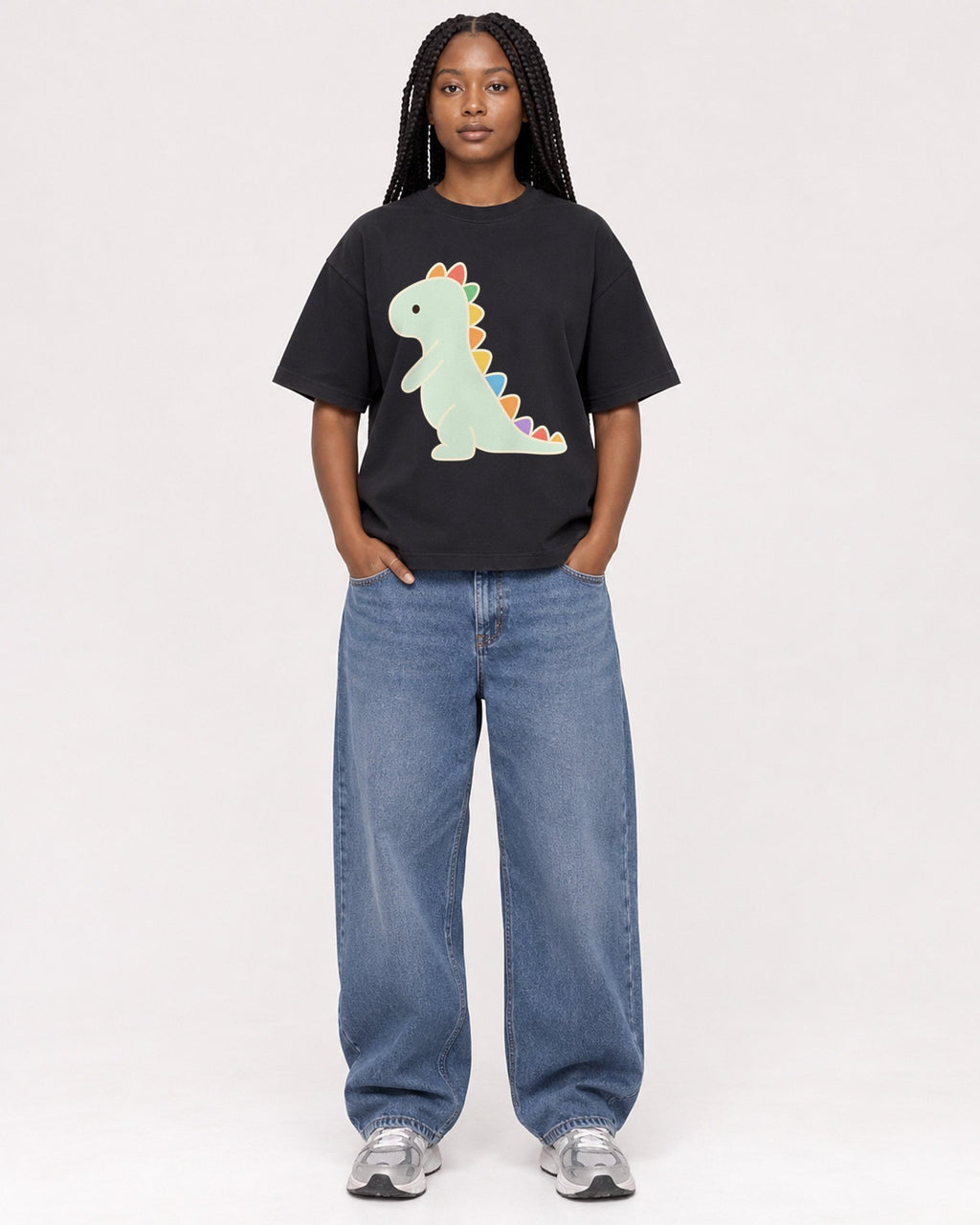 Mockup Boxy Heavyweight Tee Black female full-body 04