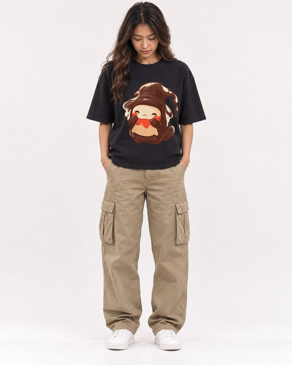 Mockup Boxy Heavyweight Tee Black female full-body 02