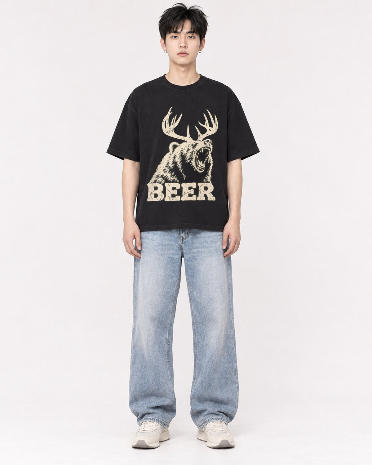 Mockup Boxy Heavyweight Tee Black male full-body 01