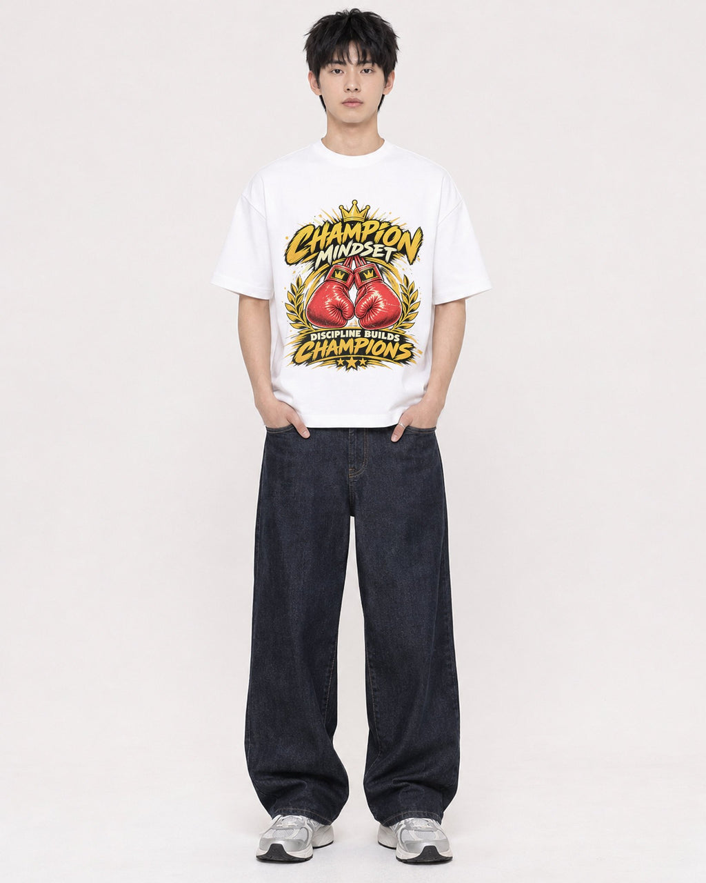 Mockup Boxy Heavyweight Tee White male full-body 01