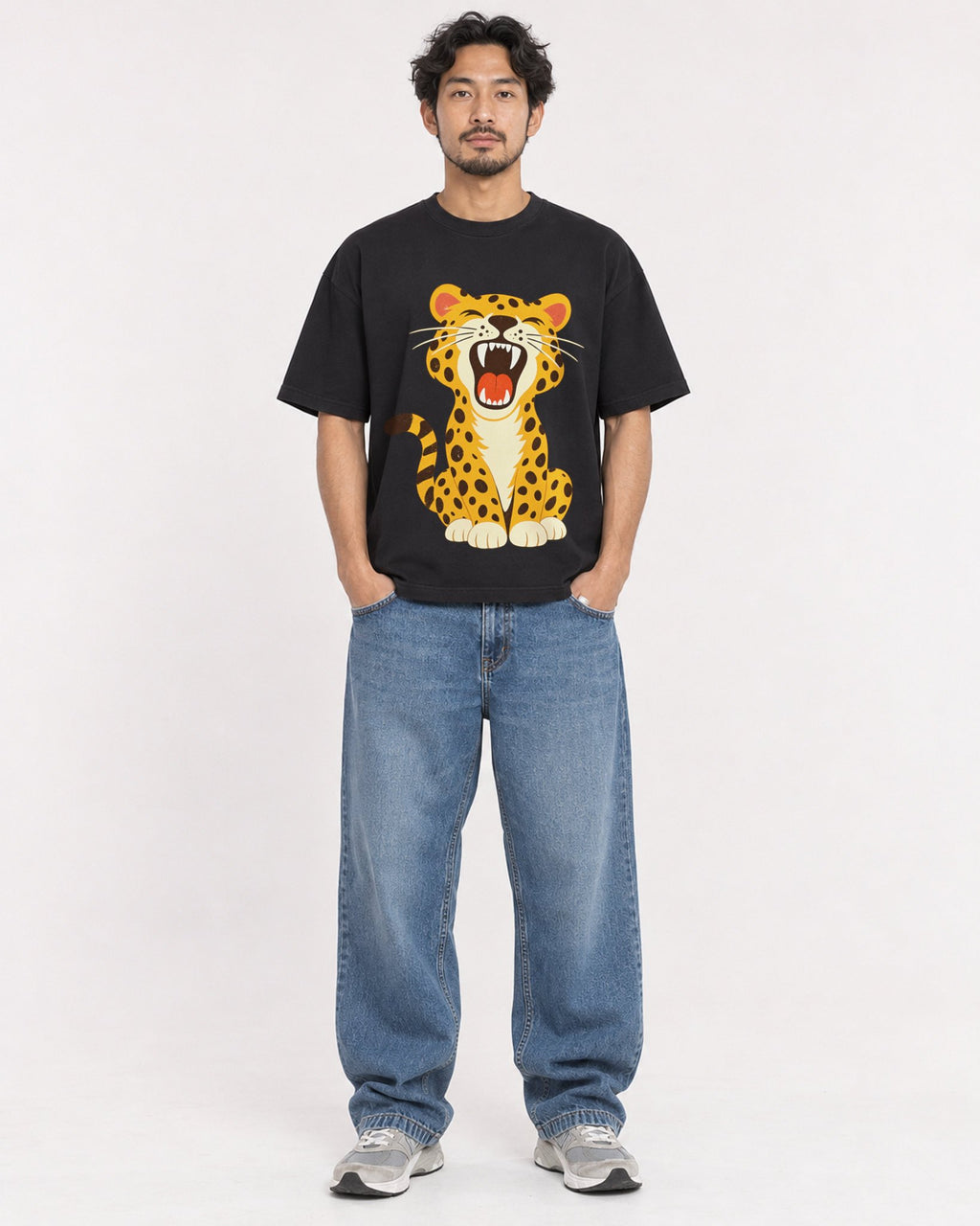Mockup Boxy Heavyweight Tee Black male full-body 02