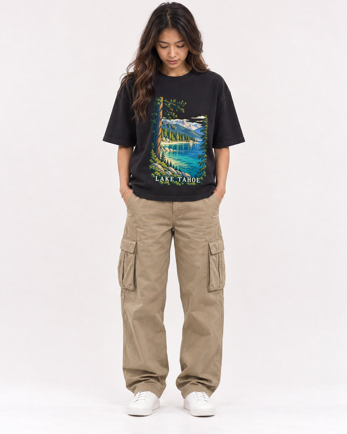 Mockup Boxy Heavyweight Tee Black female full-body 02