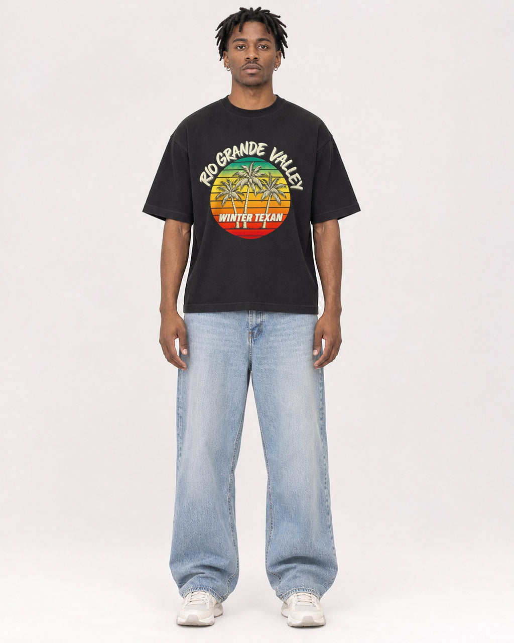 Mockup Boxy Heavyweight Tee Black male full-body 05
