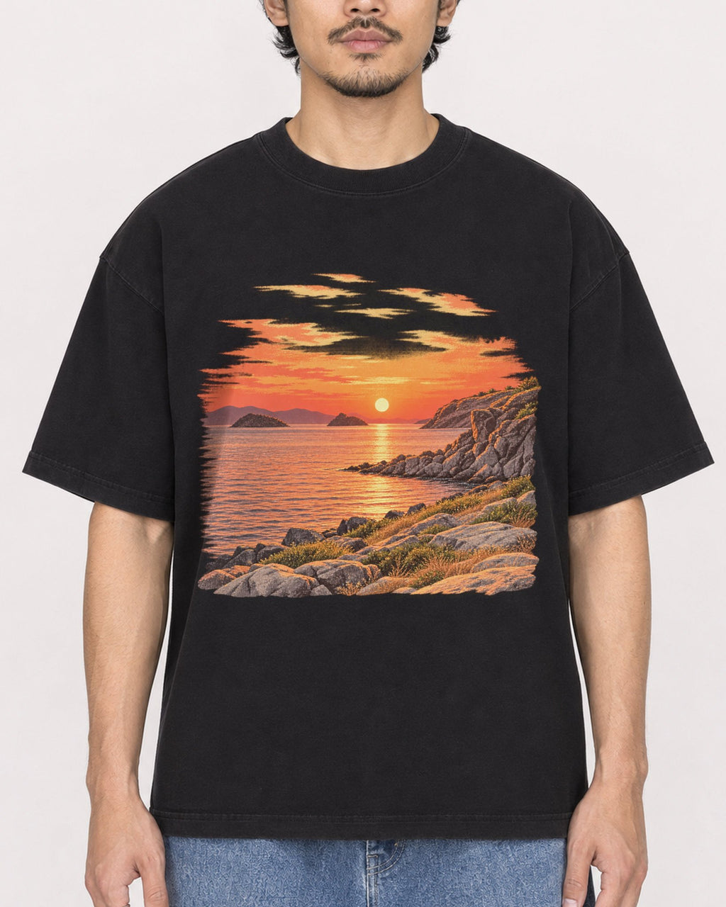 Mockup Boxy Heavyweight Tee Black male close-up 02