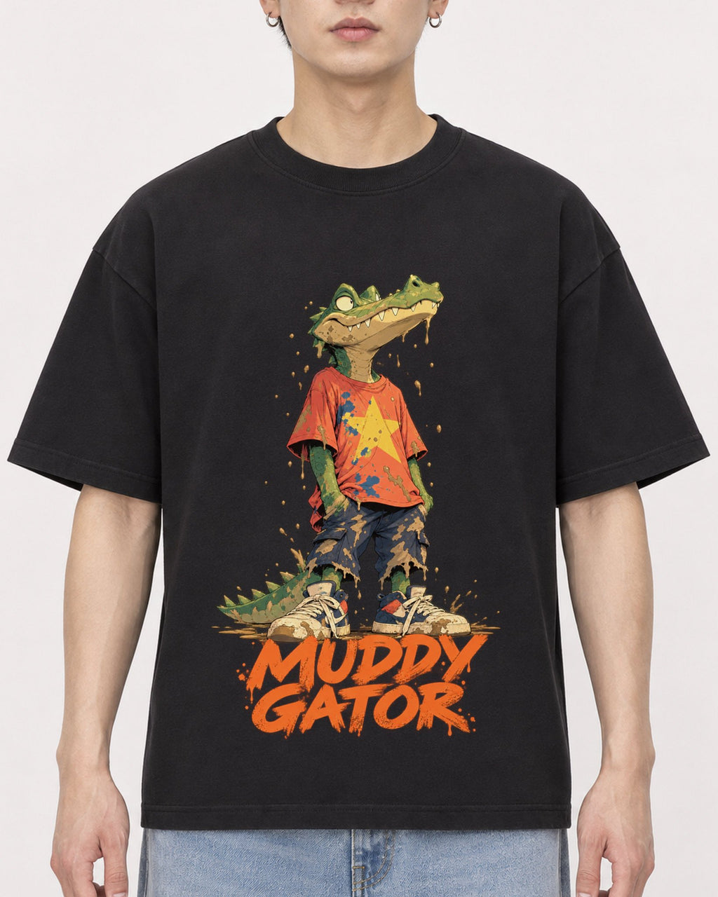 Mockup Boxy Heavyweight Tee Black male close-up 01