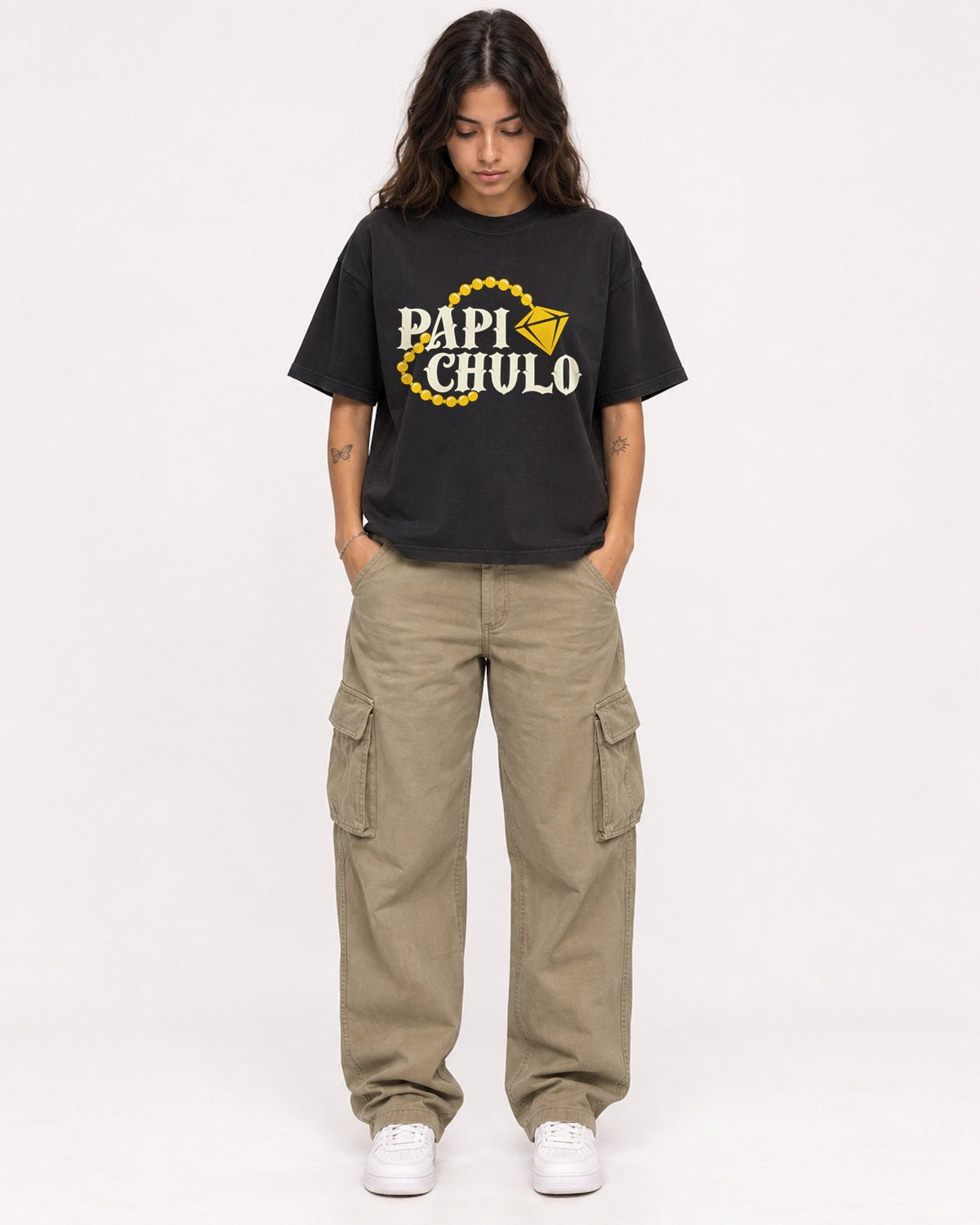 Mockup Boxy Heavyweight Tee Black female full-body 06
