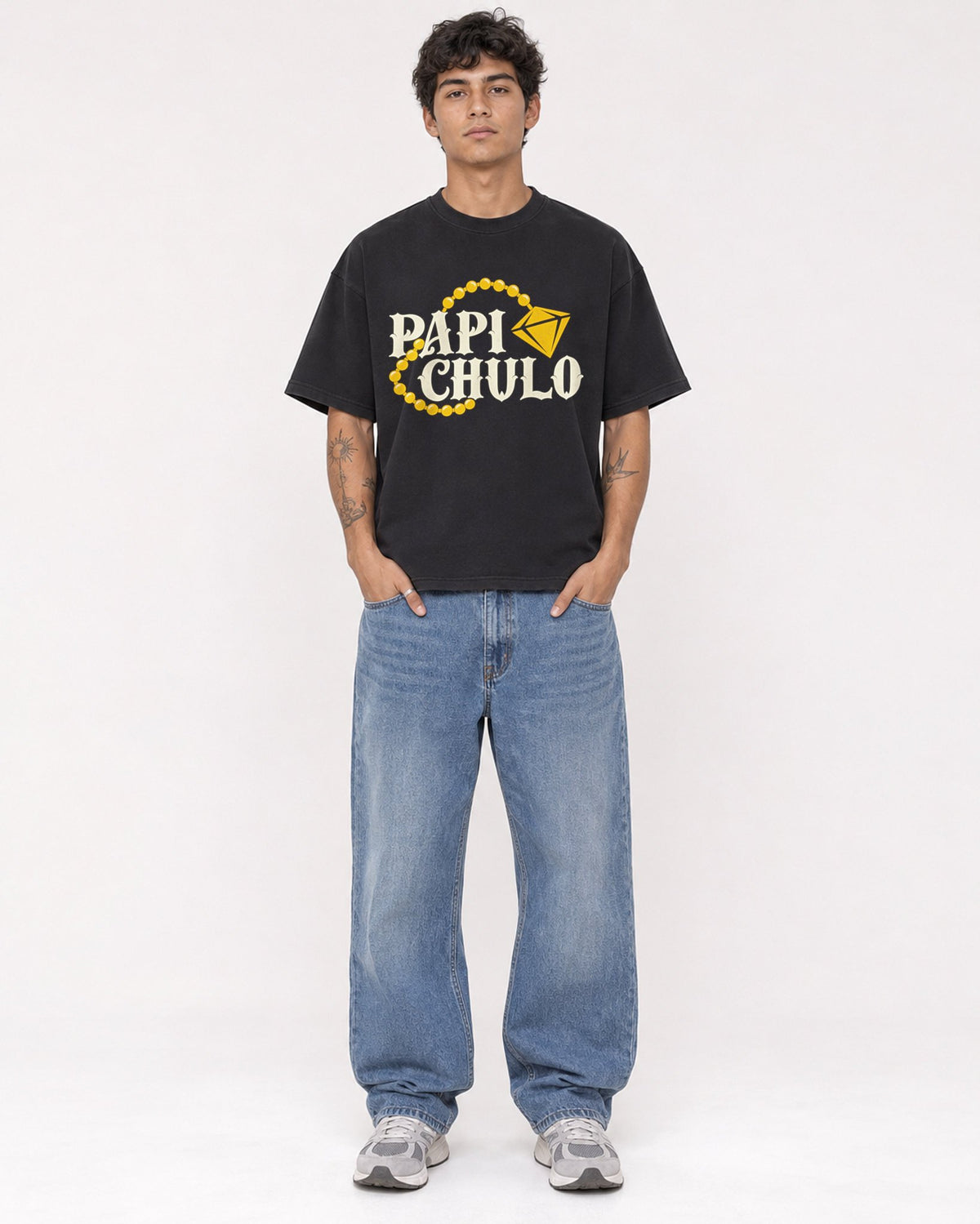Mockup Boxy Heavyweight Tee Black male full-body 06
