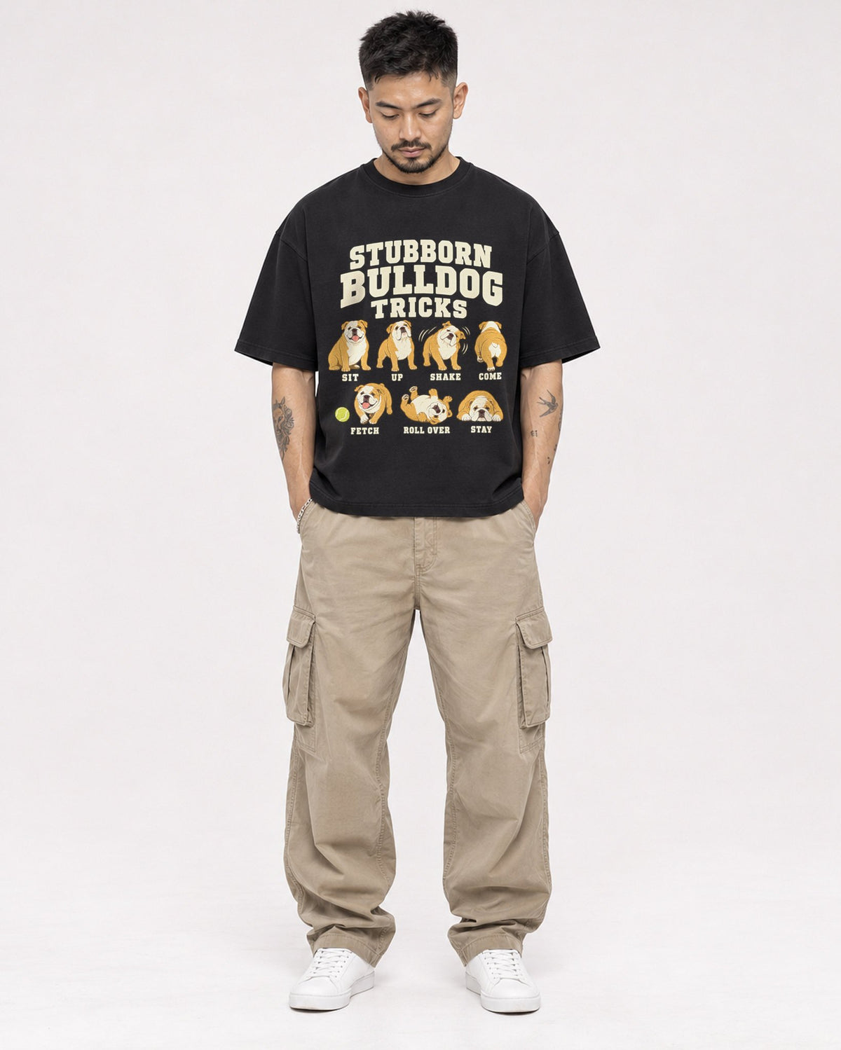 Mockup Boxy Heavyweight Tee Black male full-body 12