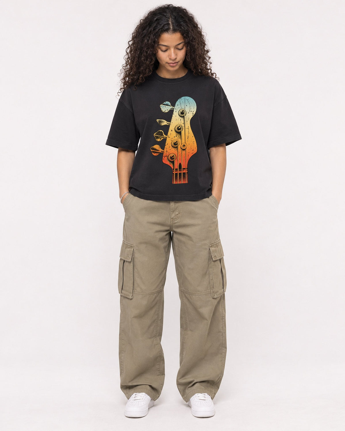 Mockup Boxy Heavyweight Tee Black female full-body 10