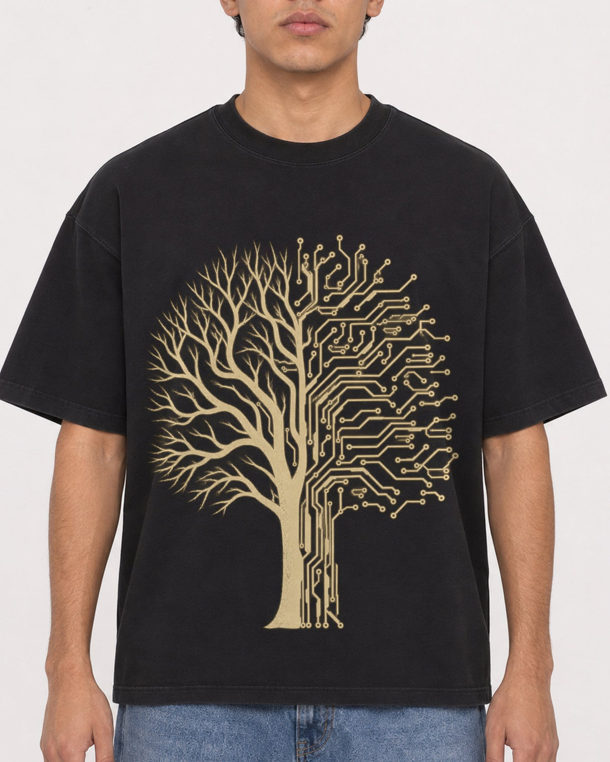 Mockup Boxy Heavyweight Tee Black male close-up 46