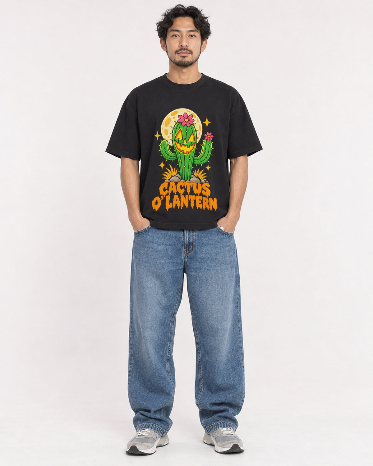 Mockup Boxy Heavyweight Tee Black male full-body 02