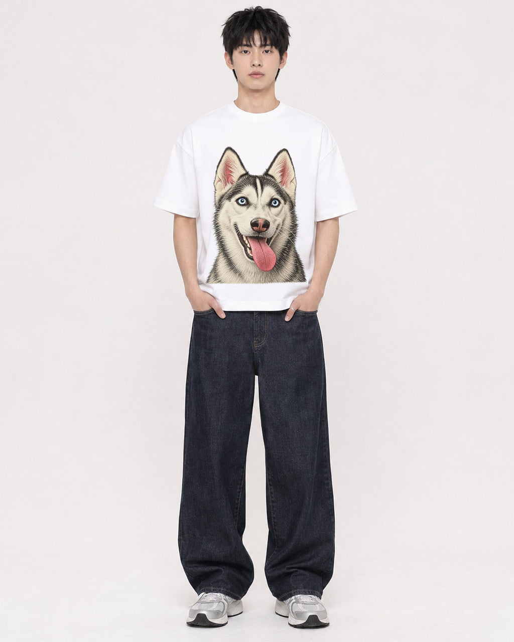 Mockup Boxy Heavyweight Tee White male full-body 01