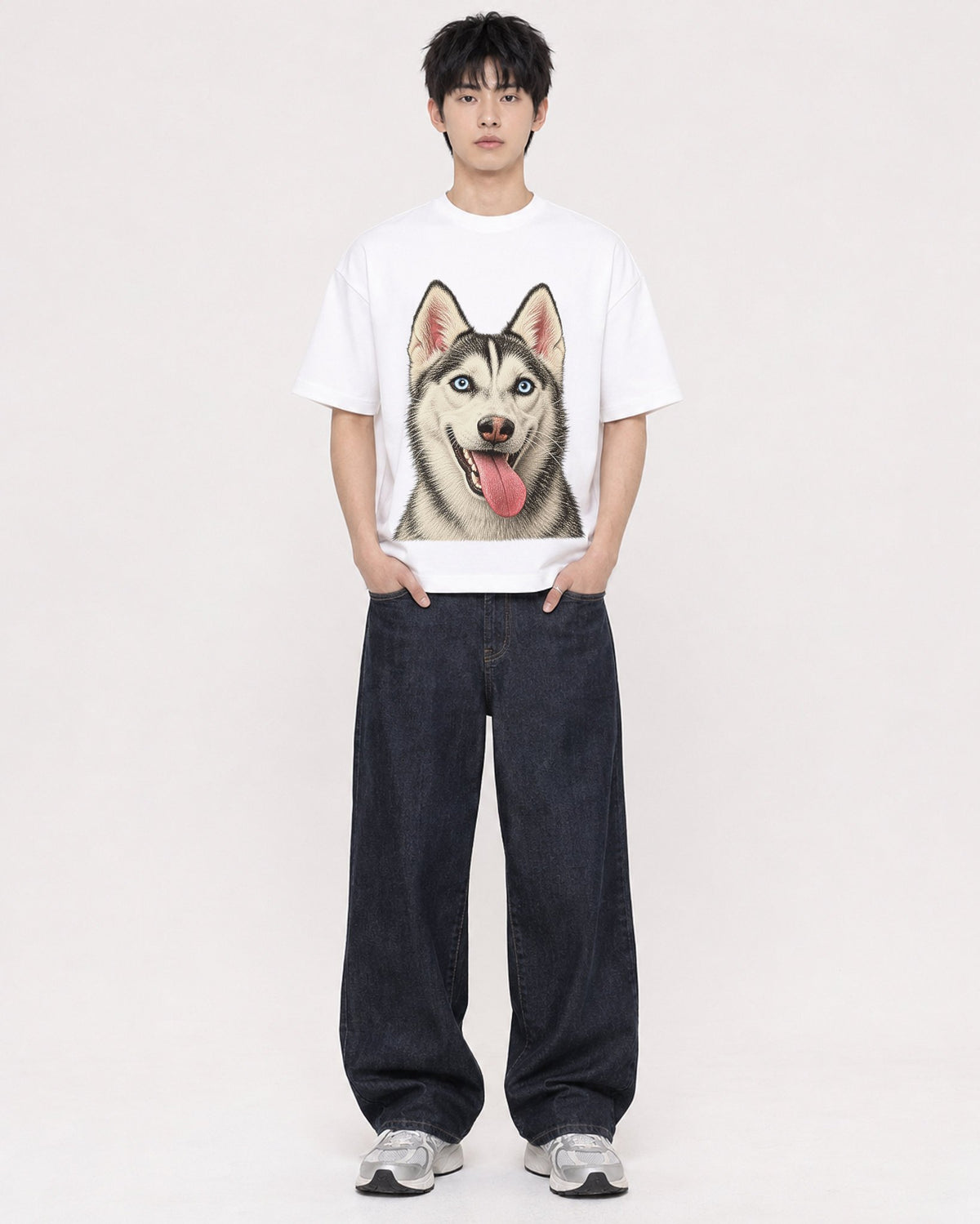 Mockup Boxy Heavyweight Tee White male full-body 01