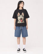 Mockup Boxy Heavyweight Tee Black female full-body 01