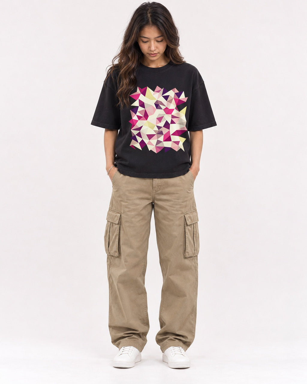 Mockup Boxy Heavyweight Tee Black female full-body 02
