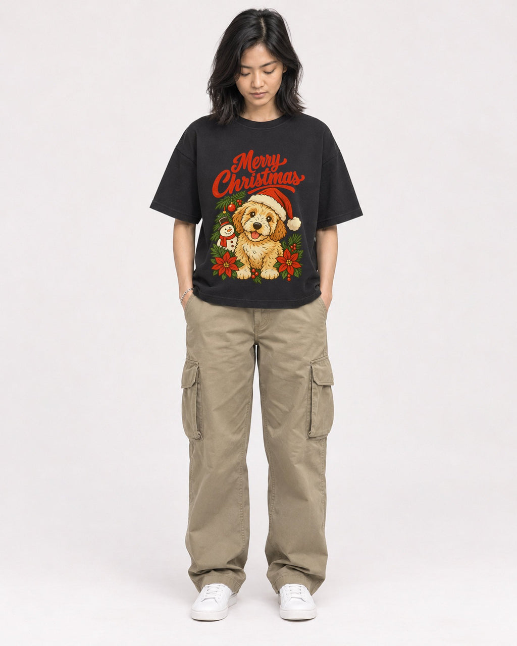 Mockup Boxy Heavyweight Tee Black female full-body 22