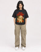 Mockup Boxy Heavyweight Tee Black female full-body 22