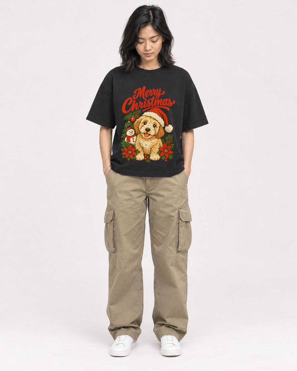 Mockup Boxy Heavyweight Tee Black female full-body 22