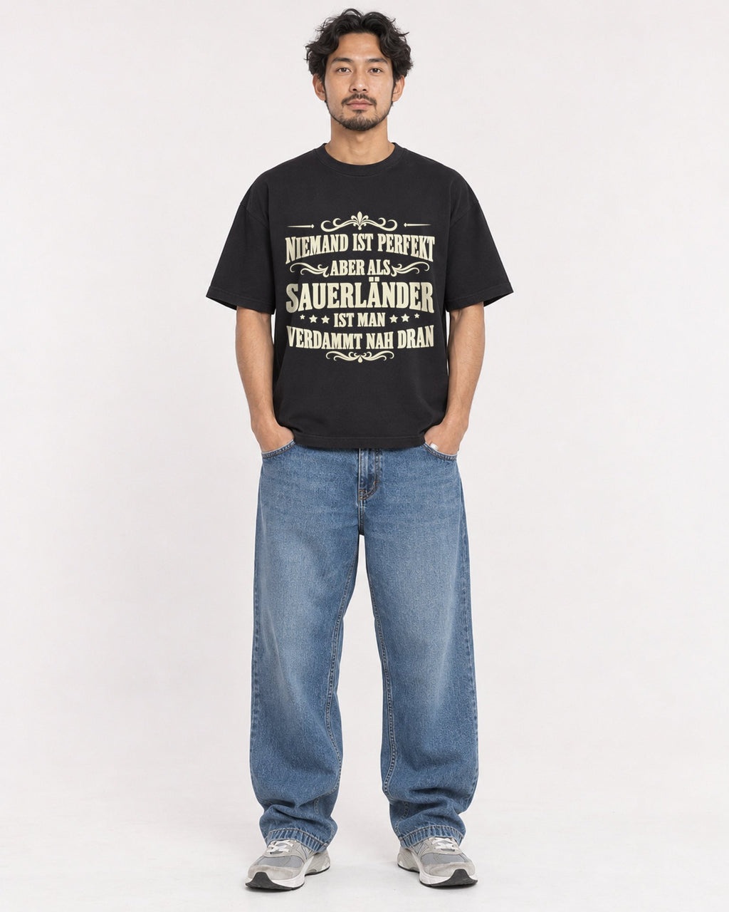 Mockup Boxy Heavyweight Tee Black male full-body 02