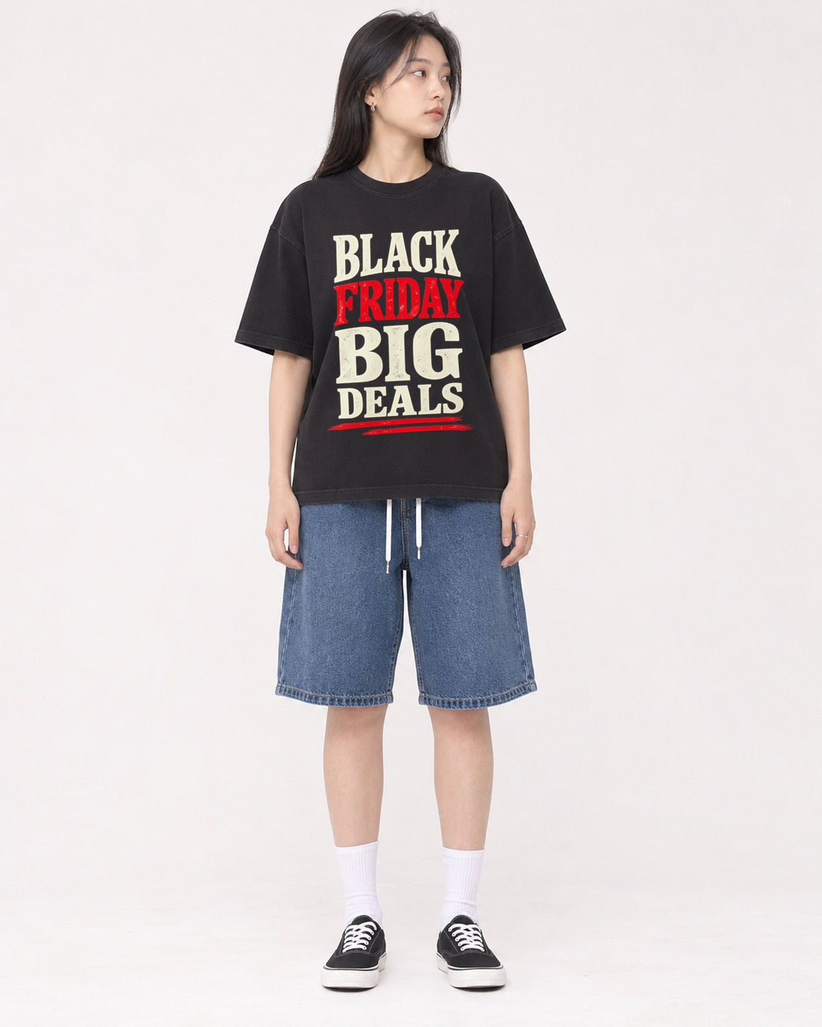 Mockup Boxy Heavyweight Tee Black female full-body 01