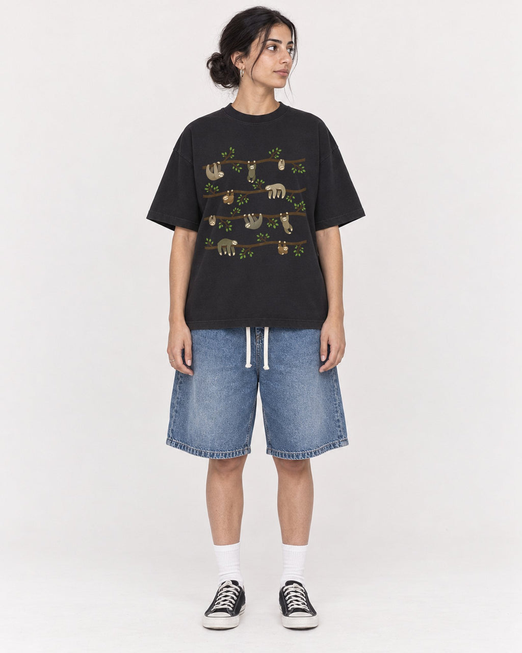 Mockup Boxy Heavyweight Tee Black female full-body 17