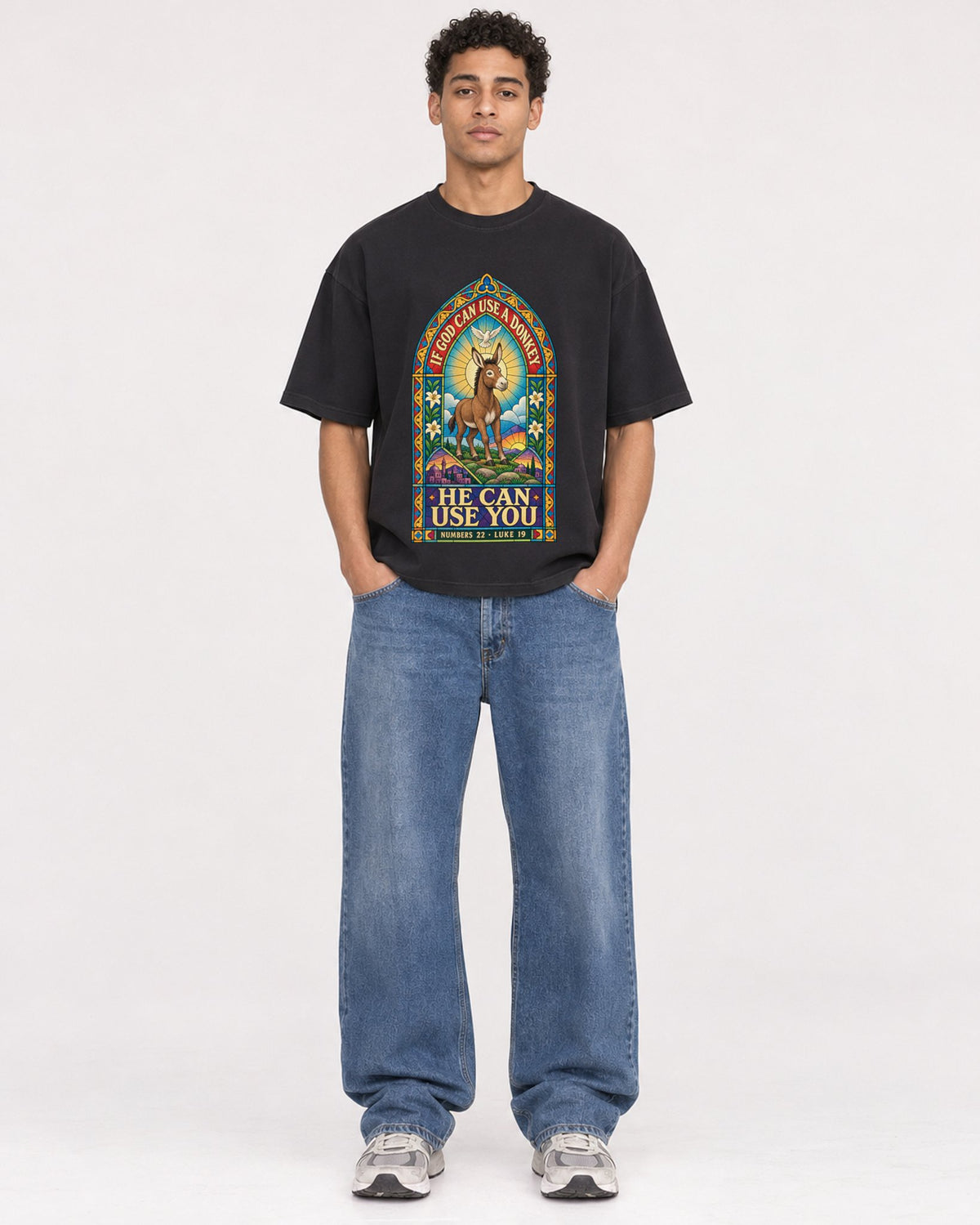 Mockup Boxy Heavyweight Tee Black male full-body 10