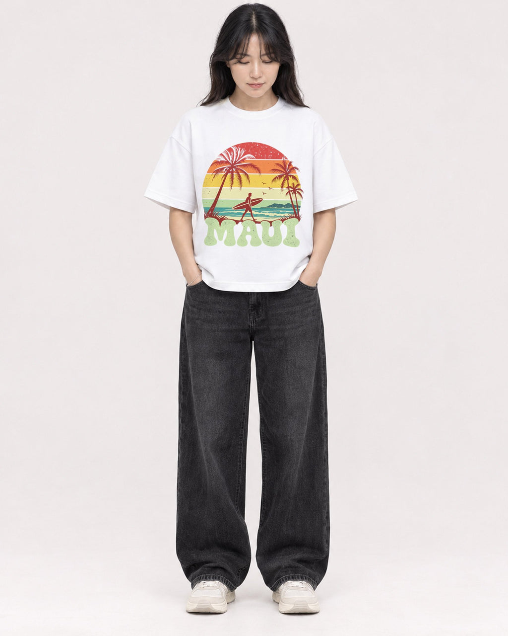 Mockup Boxy Heavyweight Tee White female full-body 13