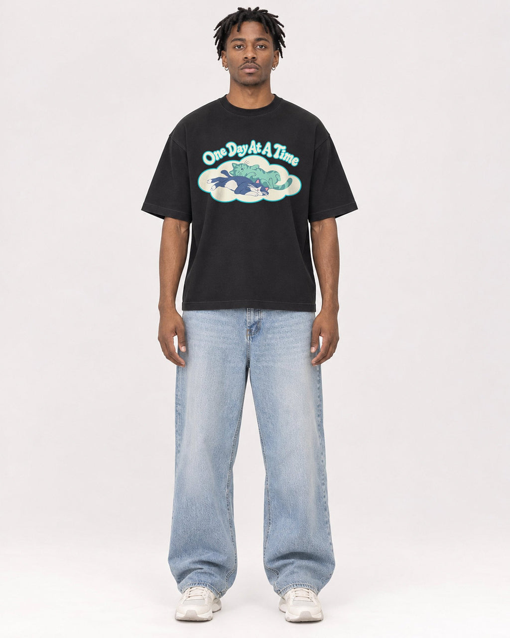 Mockup Boxy Heavyweight Tee Black male full-body 05