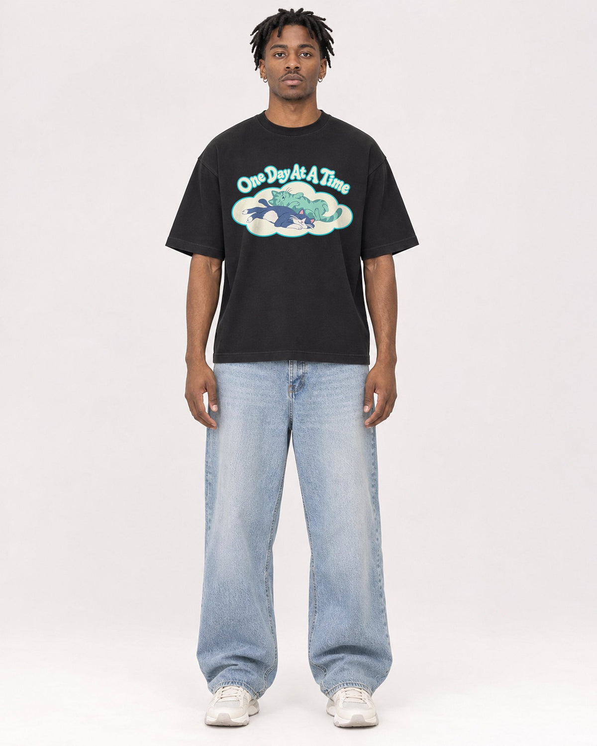 Mockup Boxy Heavyweight Tee Black male full-body 05