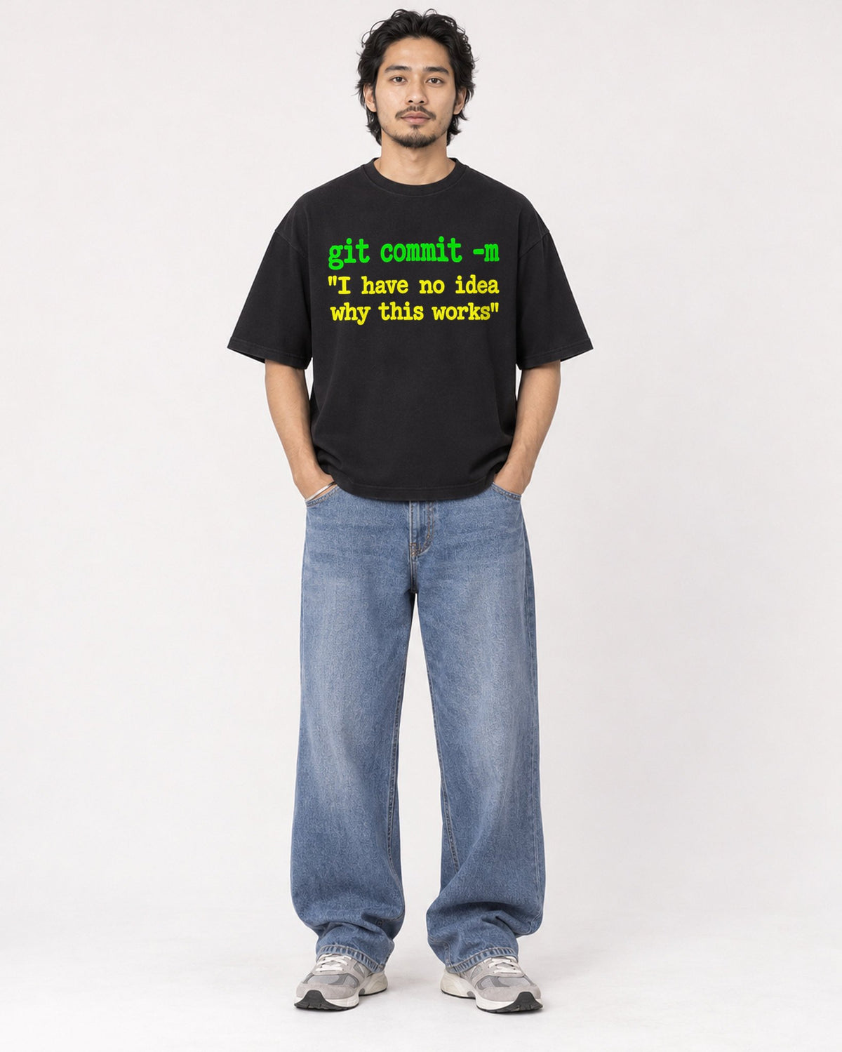Mockup Boxy Heavyweight Tee Black male full-body 22