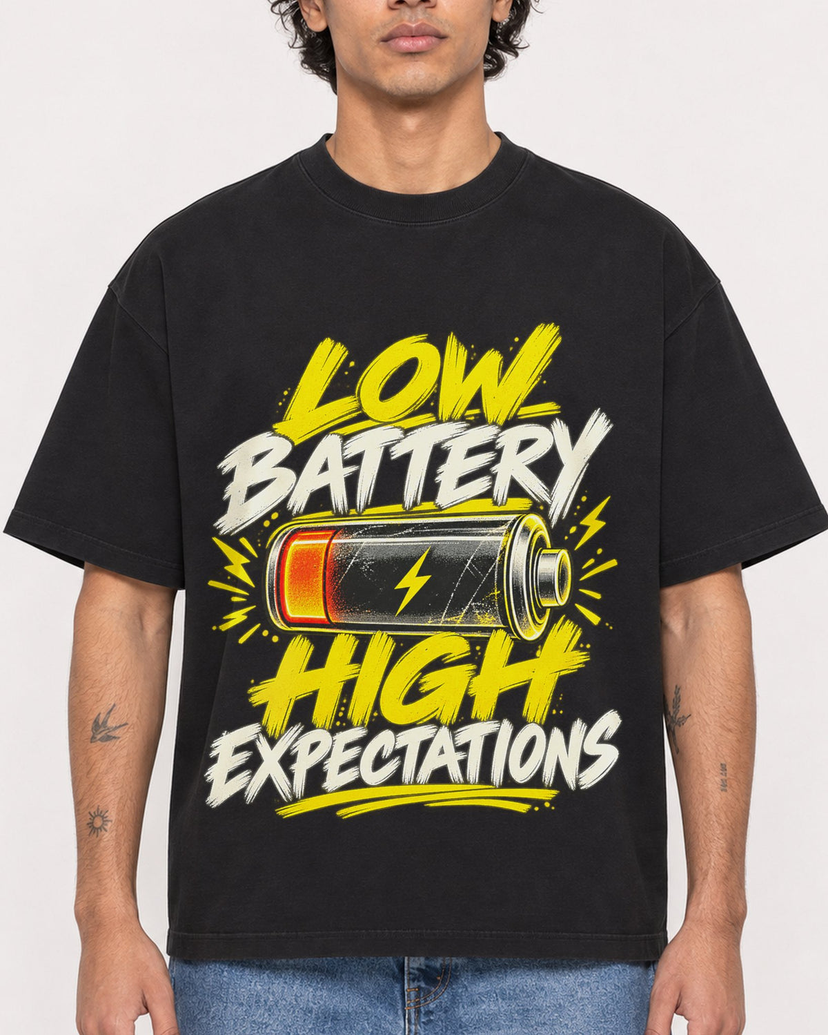 Mockup Boxy Heavyweight Tee Black male close-up 30