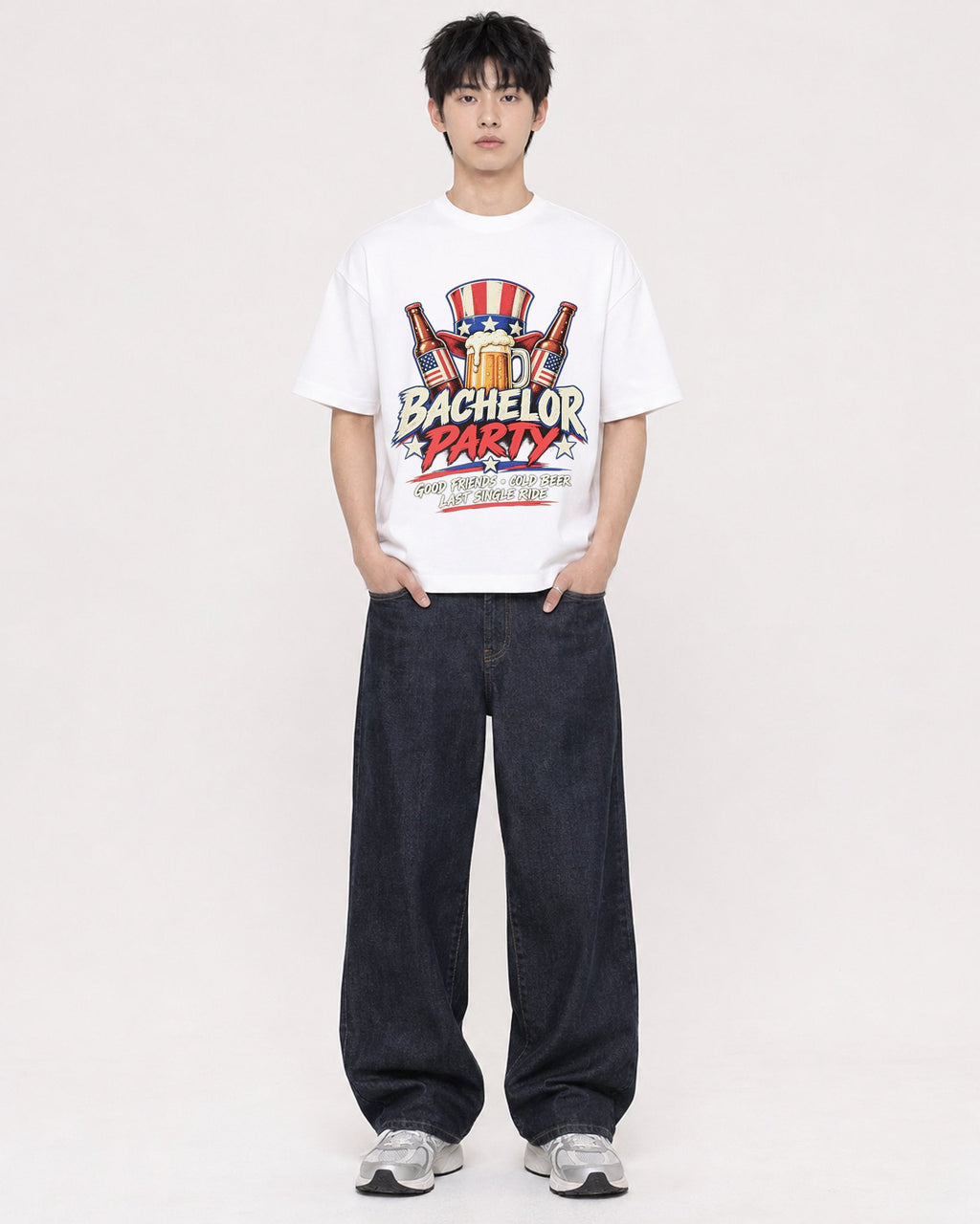 Mockup Boxy Heavyweight Tee White male full-body 01