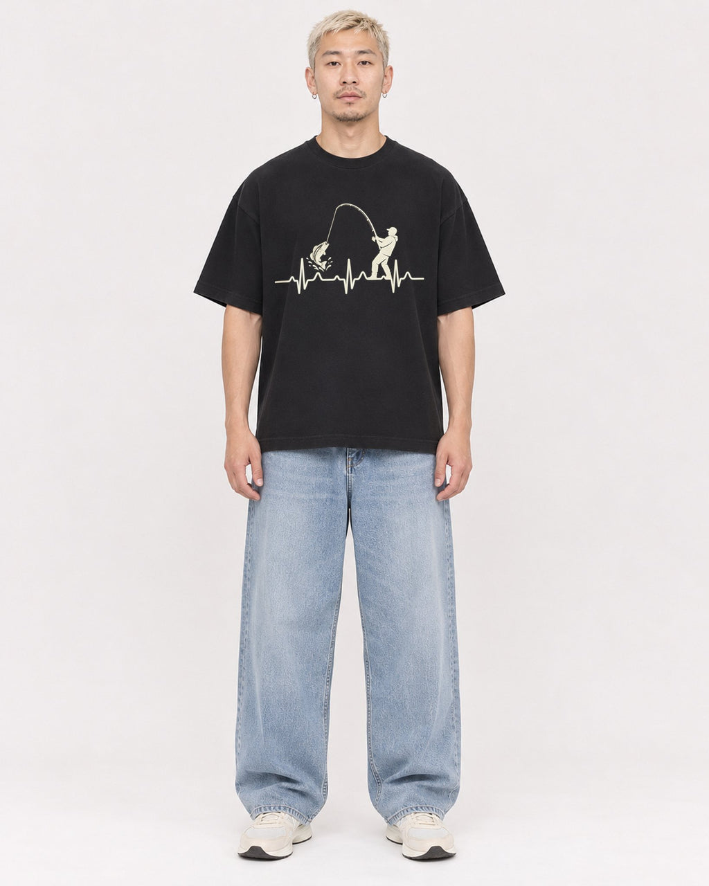 Mockup Boxy Heavyweight Tee Black male full-body 33