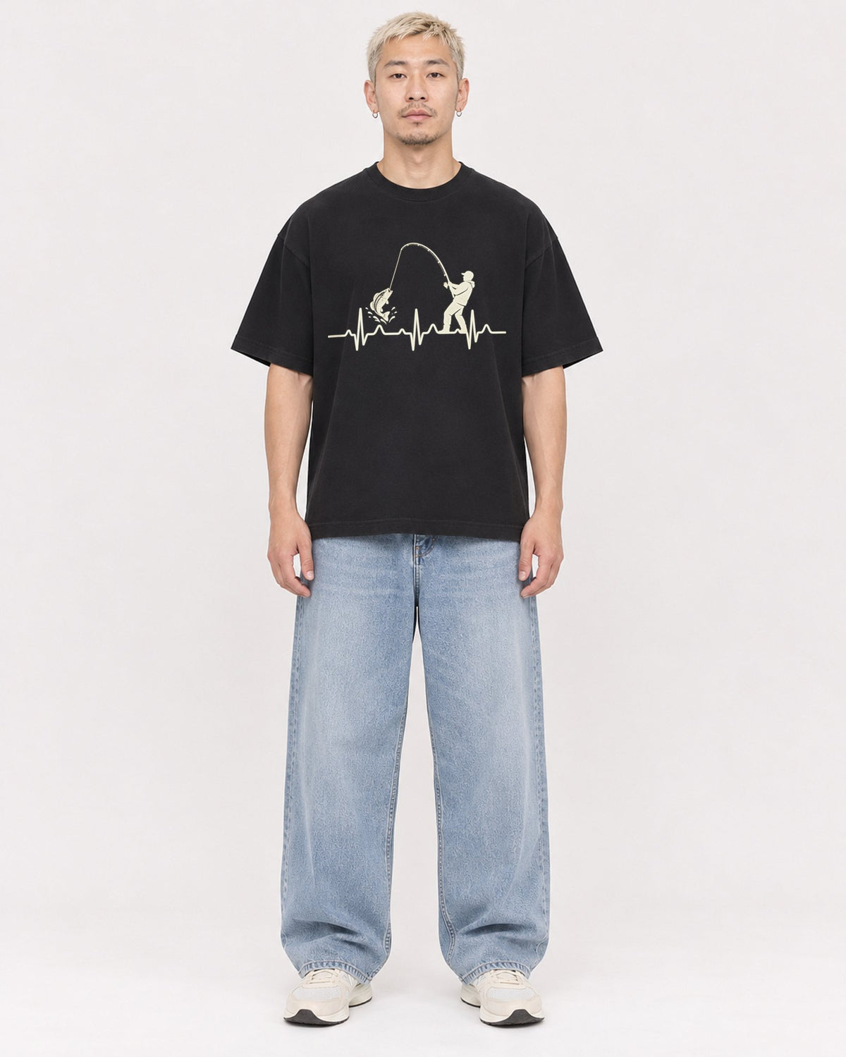 Mockup Boxy Heavyweight Tee Black male full-body 33