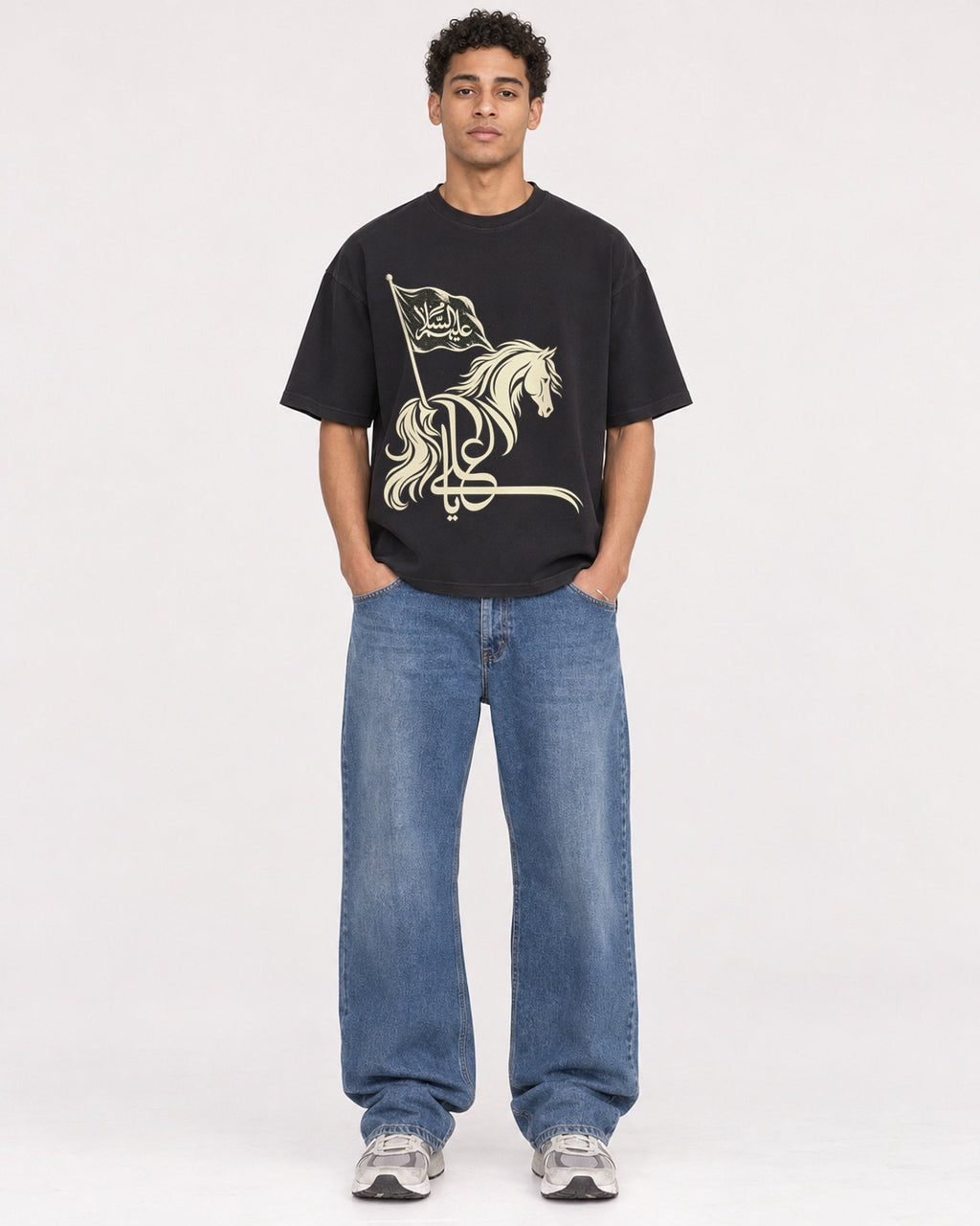 Mockup Boxy Heavyweight Tee Black male full-body 10