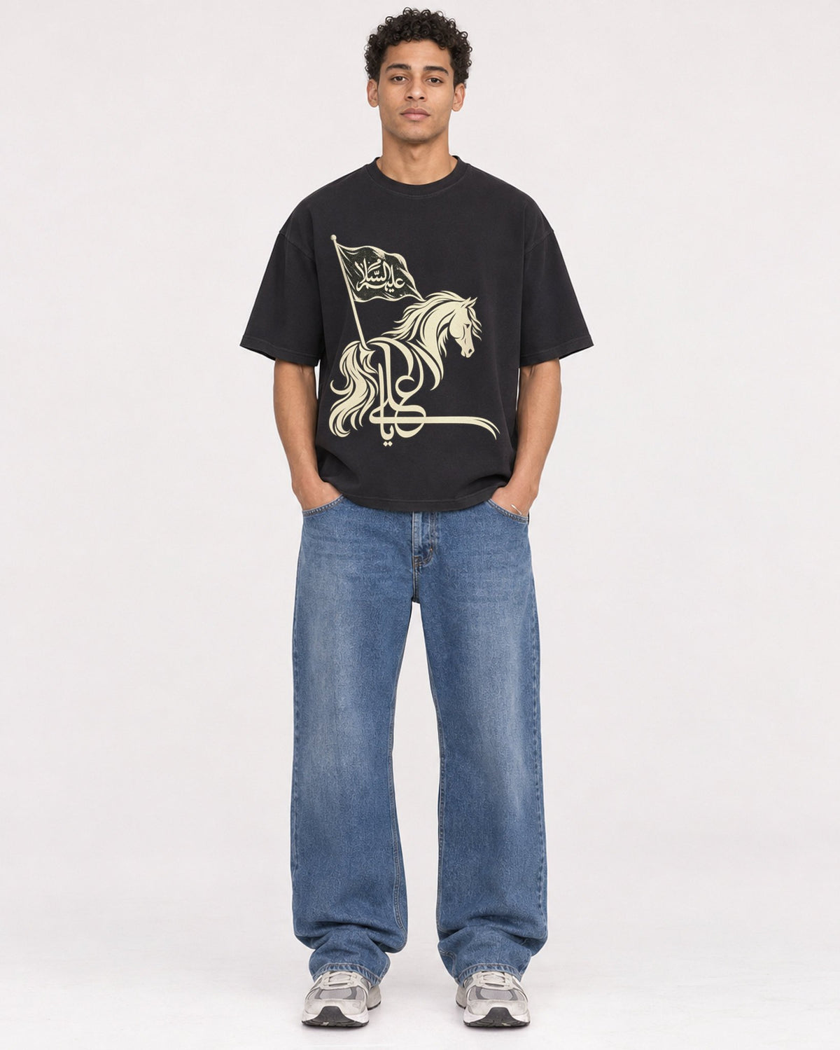 Mockup Boxy Heavyweight Tee Black male full-body 10