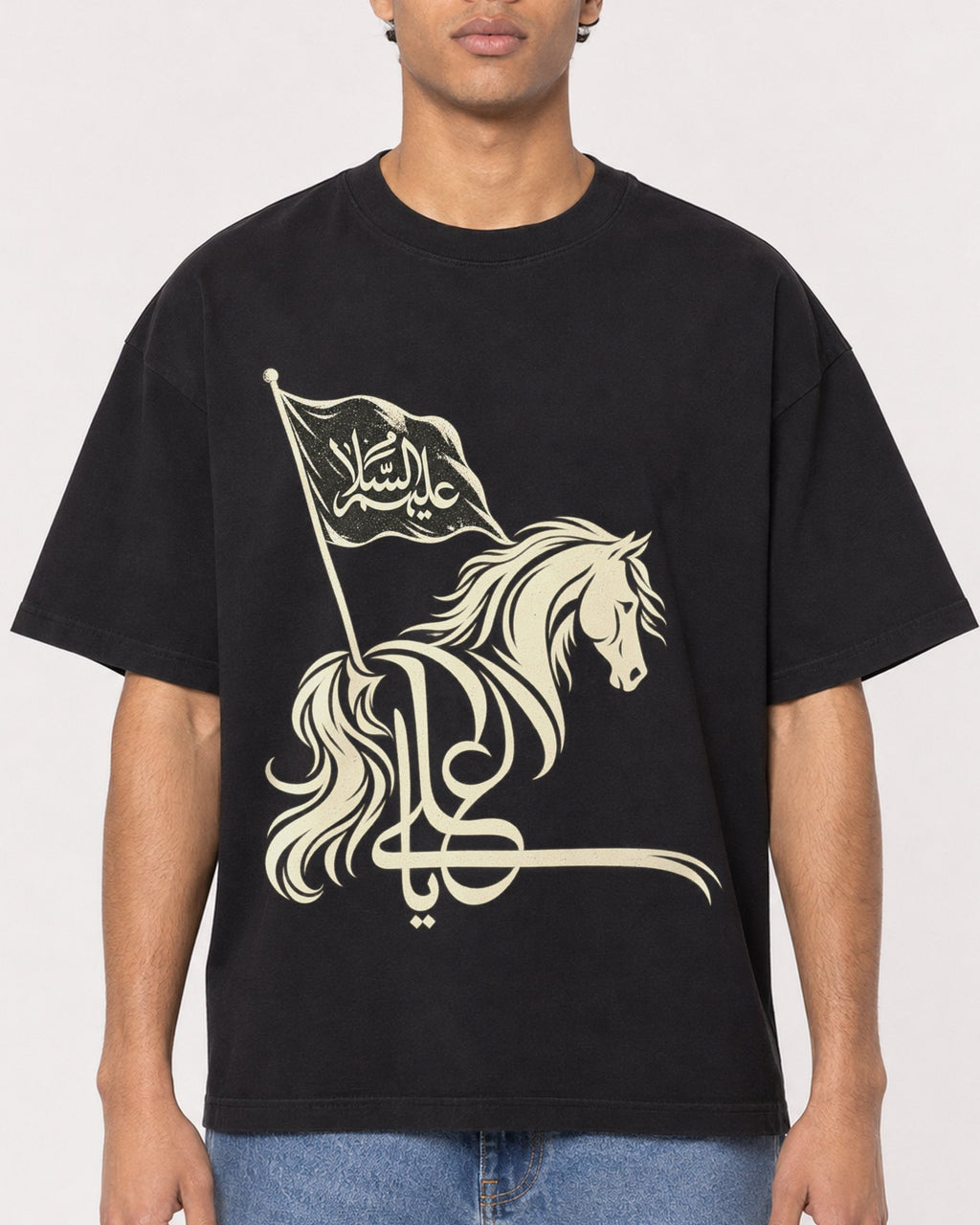 Mockup Boxy Heavyweight Tee Black male close-up 10